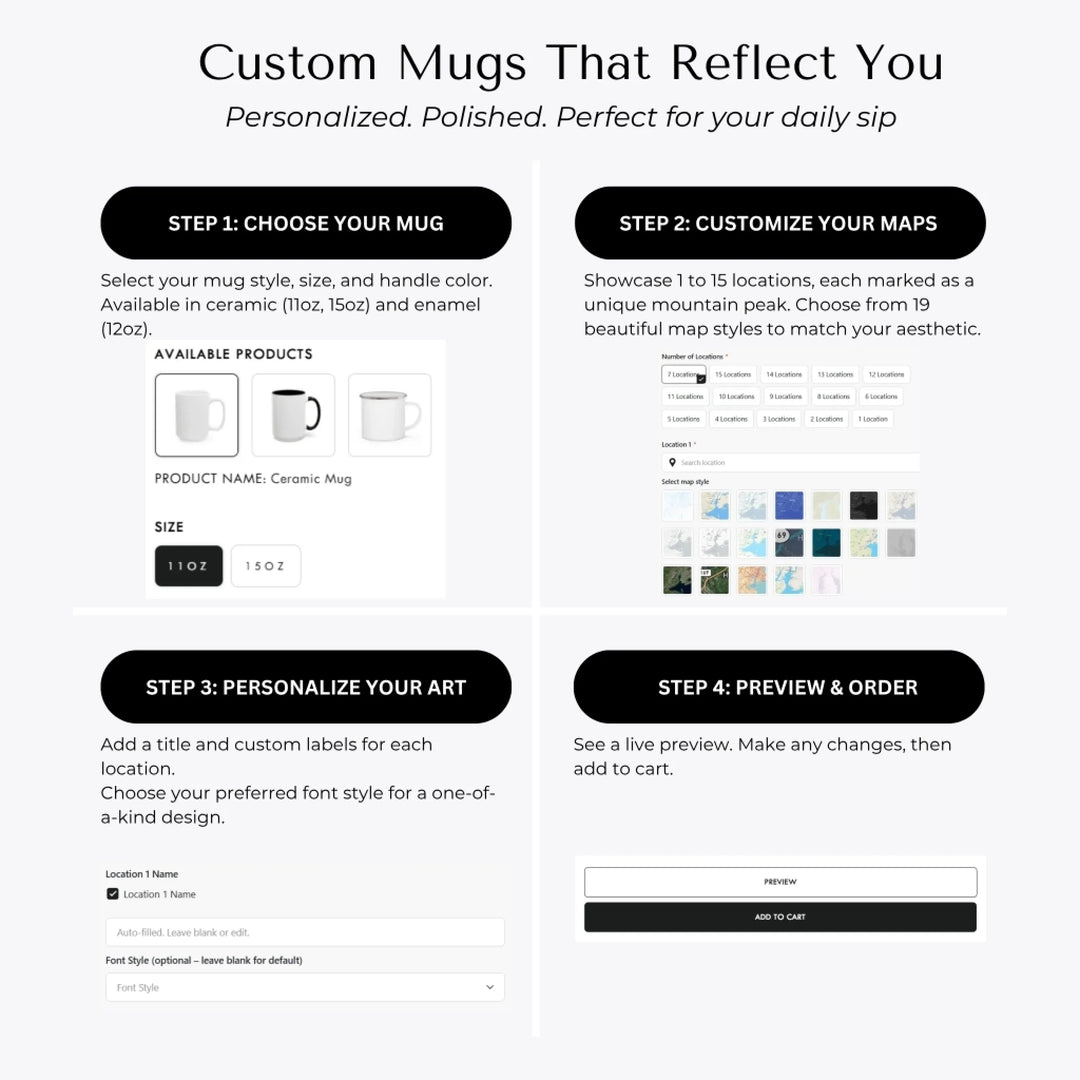 Personalized travel map mug with up to 15 mountain-style locations, custom names, titles, and map styles –How to Customize Mugs-ARTFULANE