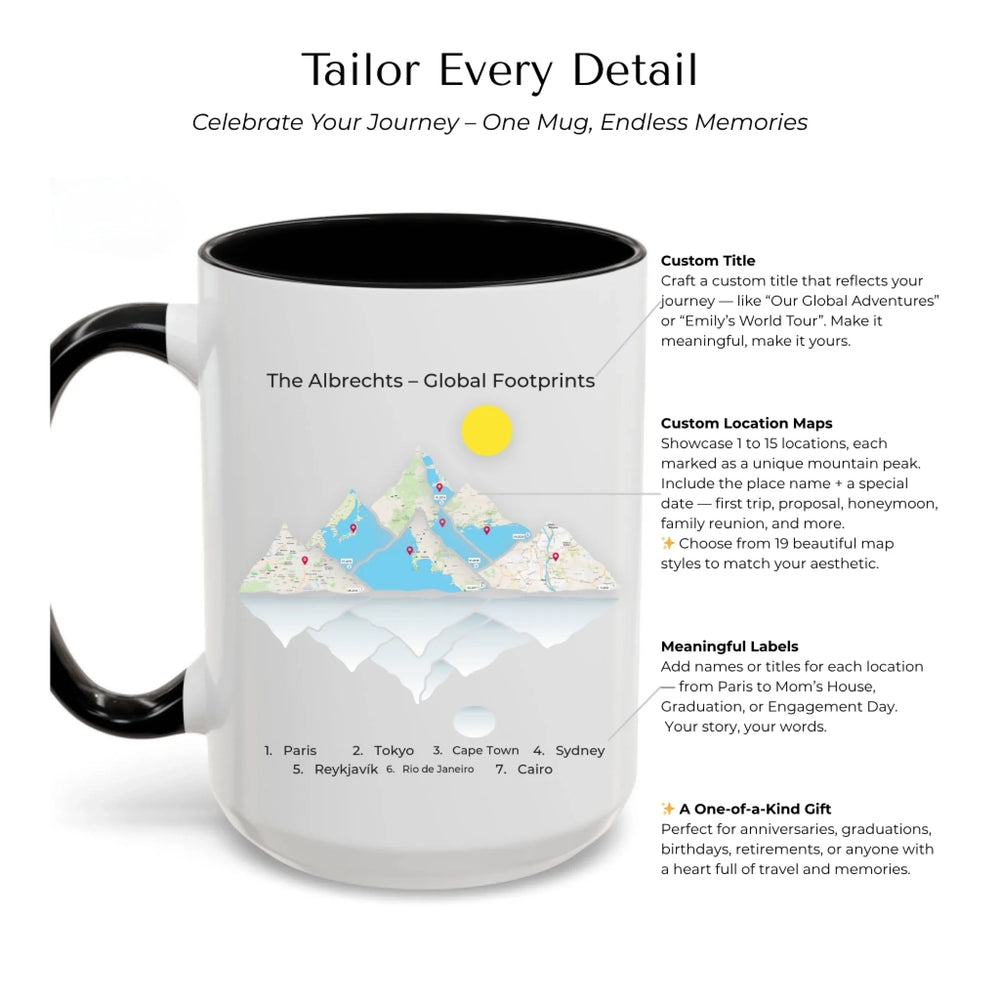 Personalized travel map mug with up to 15 mountain-style locations, custom names, titles, and map styles –Mug Customization Options-ARTFULANE