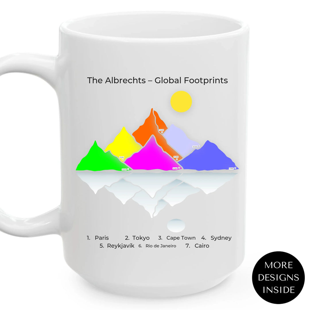 Personalized travel map mug with up to 15 mountain-style locations, custom names, titles, and map styles –sentimental family gift -ARTFULANE