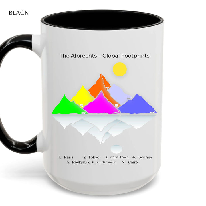 Personalized travel map mug with up to 15 mountain-style locations, custom names, titles, and map styles –accent coffee mug with black handle-ARTFULANE