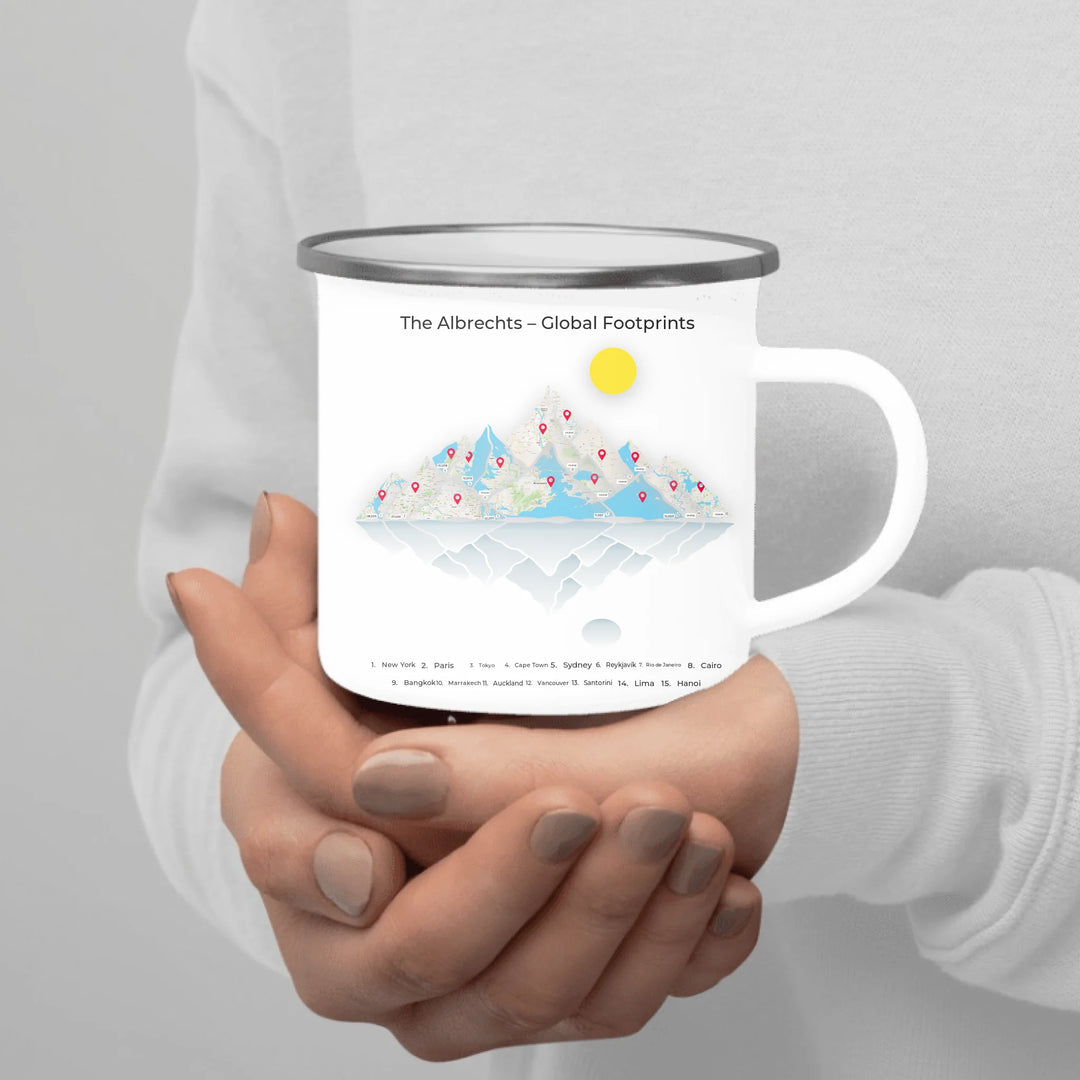 Personalized travel map mug with up to 15 mountain-style locations, custom names, titles, and map styles –enamel camping mug in hand-ARTFULANE