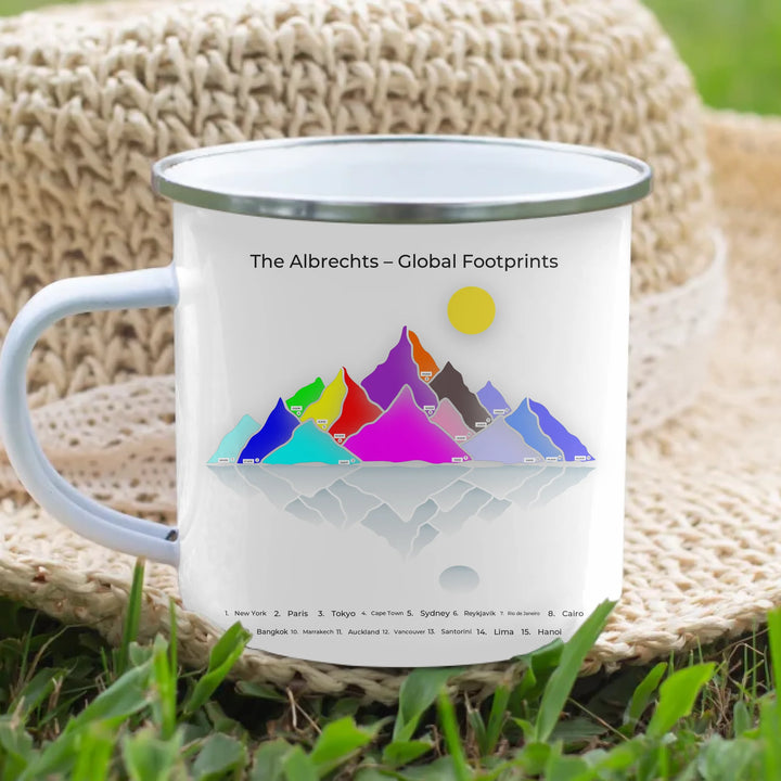 Personalized travel map mug with up to 15 mountain-style locations, custom names, titles, and map styles –enamel camping mug lifestyle-ARTFULANE