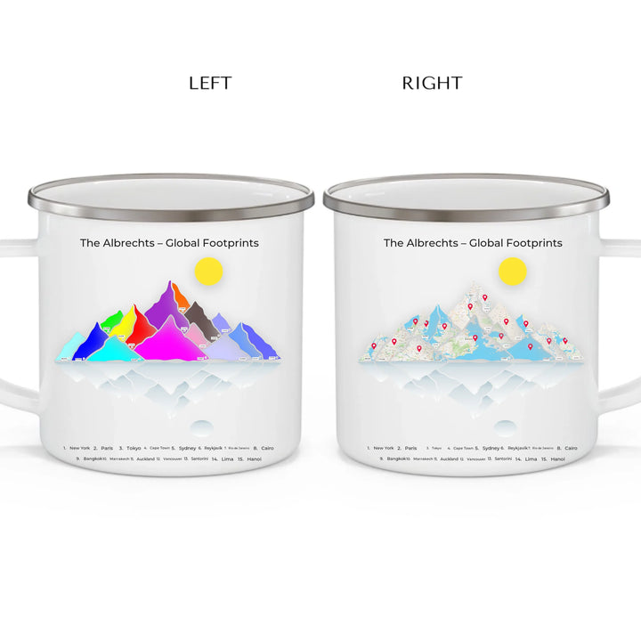 Personalized travel map mug with up to 15 mountain-style locations, custom names, titles, and map styles –enamel camping mug 2 views-ARTFULANE