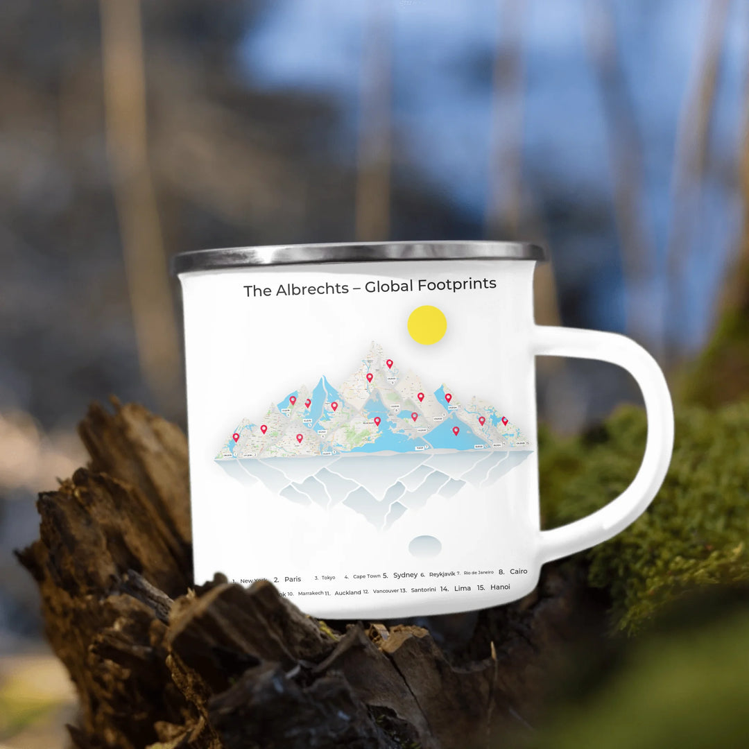 Personalized travel map mug with up to 15 mountain-style locations, custom names, titles, and map styles –enamel camping mug outdoors-ARTFULANE