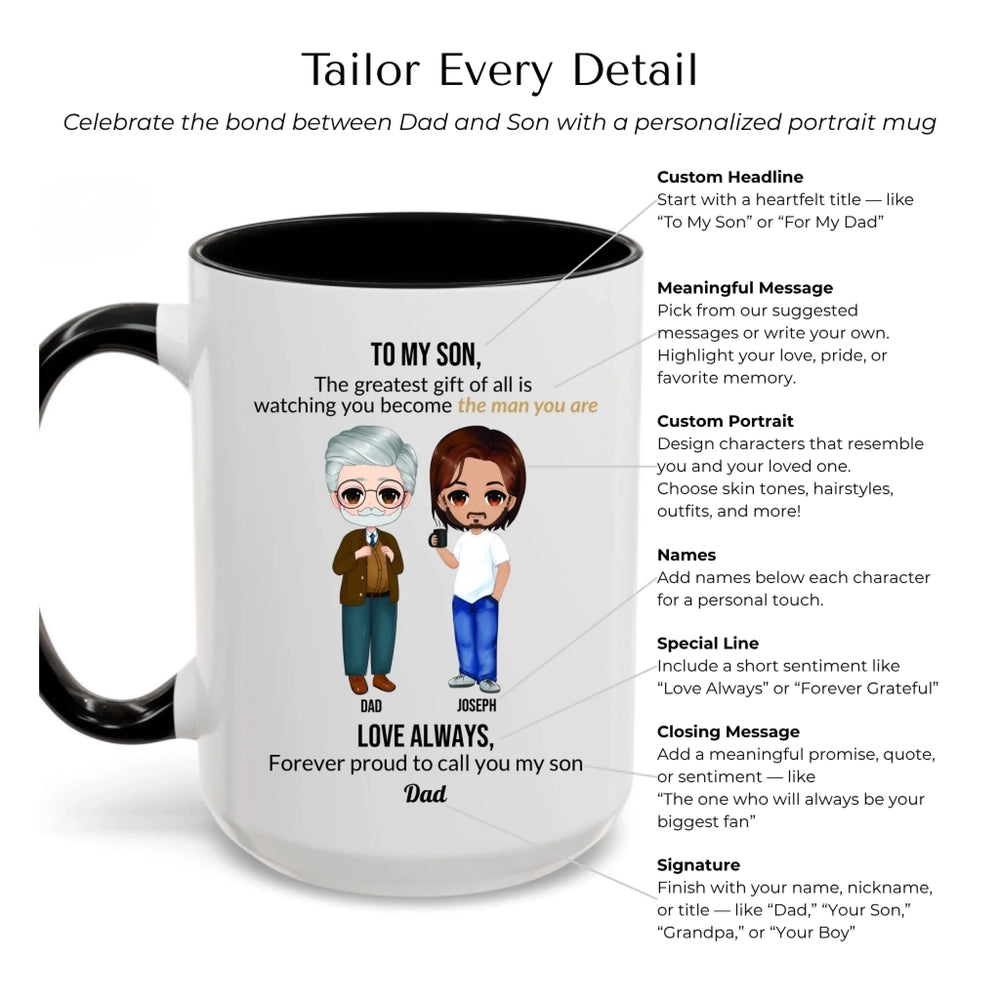 Custom Dad and Son Mug with Personalized Portrait, Message, and Names – Thoughtful Father’s Day or Birthday Gift-Mug Customization Options-ARTFULANE