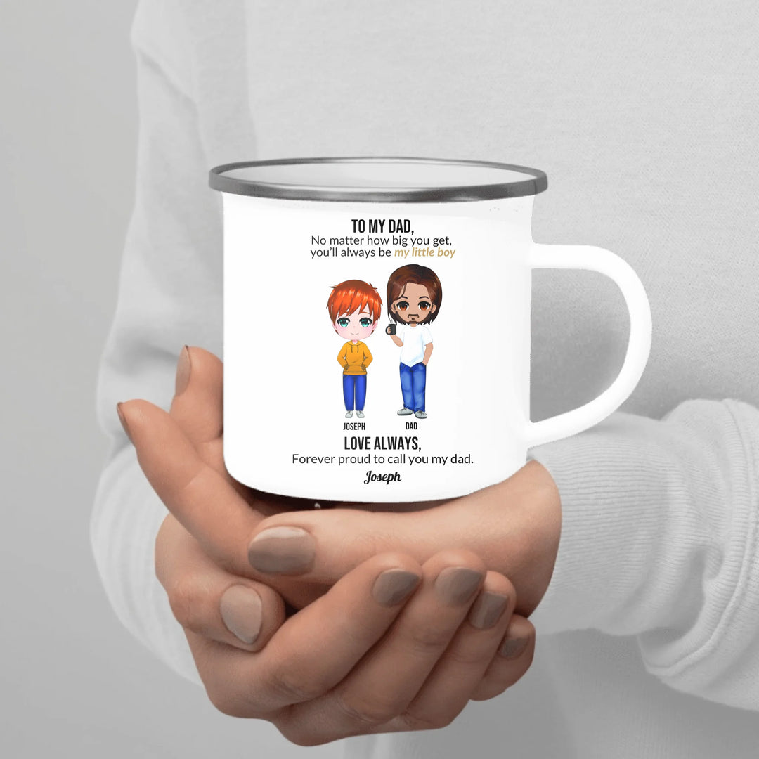 Custom Dad and Son Mug with Personalized Portrait, Message, and Names – Thoughtful Father’s Day or Birthday Gift-enamel camping mug in hand-ARTFULANE