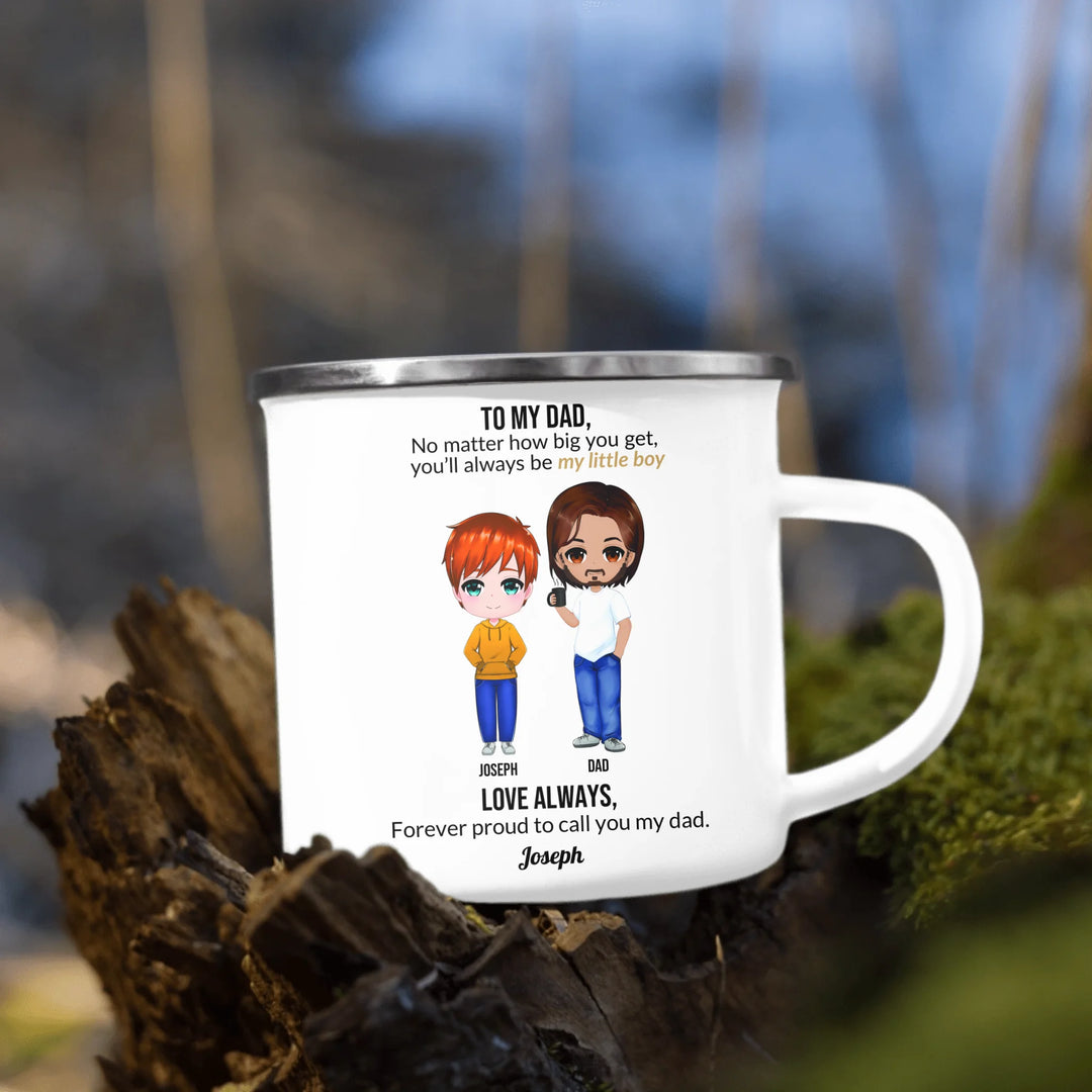 Custom Dad and Son Mug with Personalized Portrait, Message, and Names – Thoughtful Father’s Day or Birthday Gift-enamel camping mug outdoors-ARTFULANE