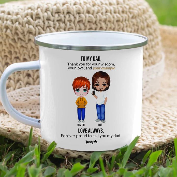 Custom Dad and Son Mug with Personalized Portrait, Message, and Names – Thoughtful Father’s Day or Birthday Gift-enamel camping mug lifestyle-ARTFULANE