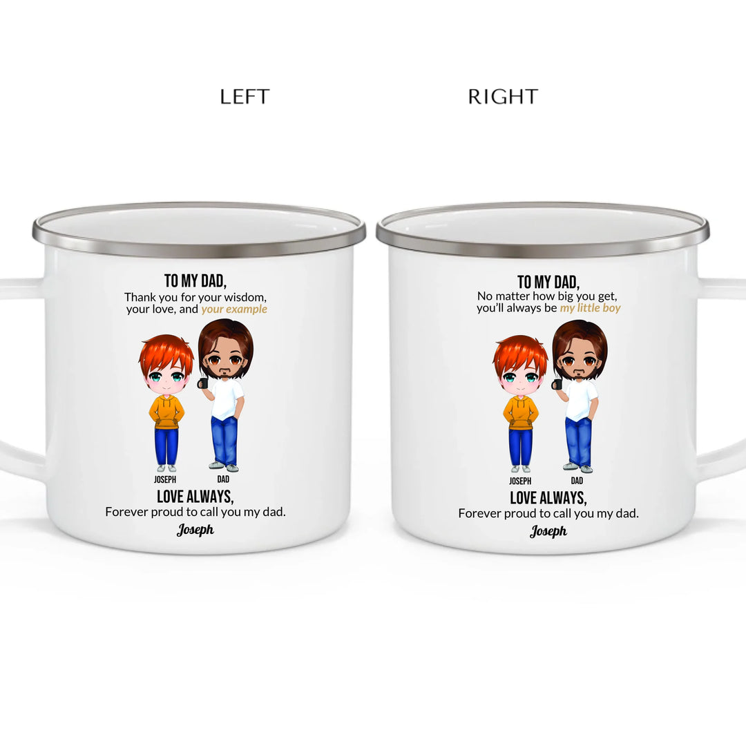 Custom Dad and Son Mug with Personalized Portrait, Message, and Names – Thoughtful Father’s Day or Birthday Gift-enamel camping mug 2 views-ARTFULANE
