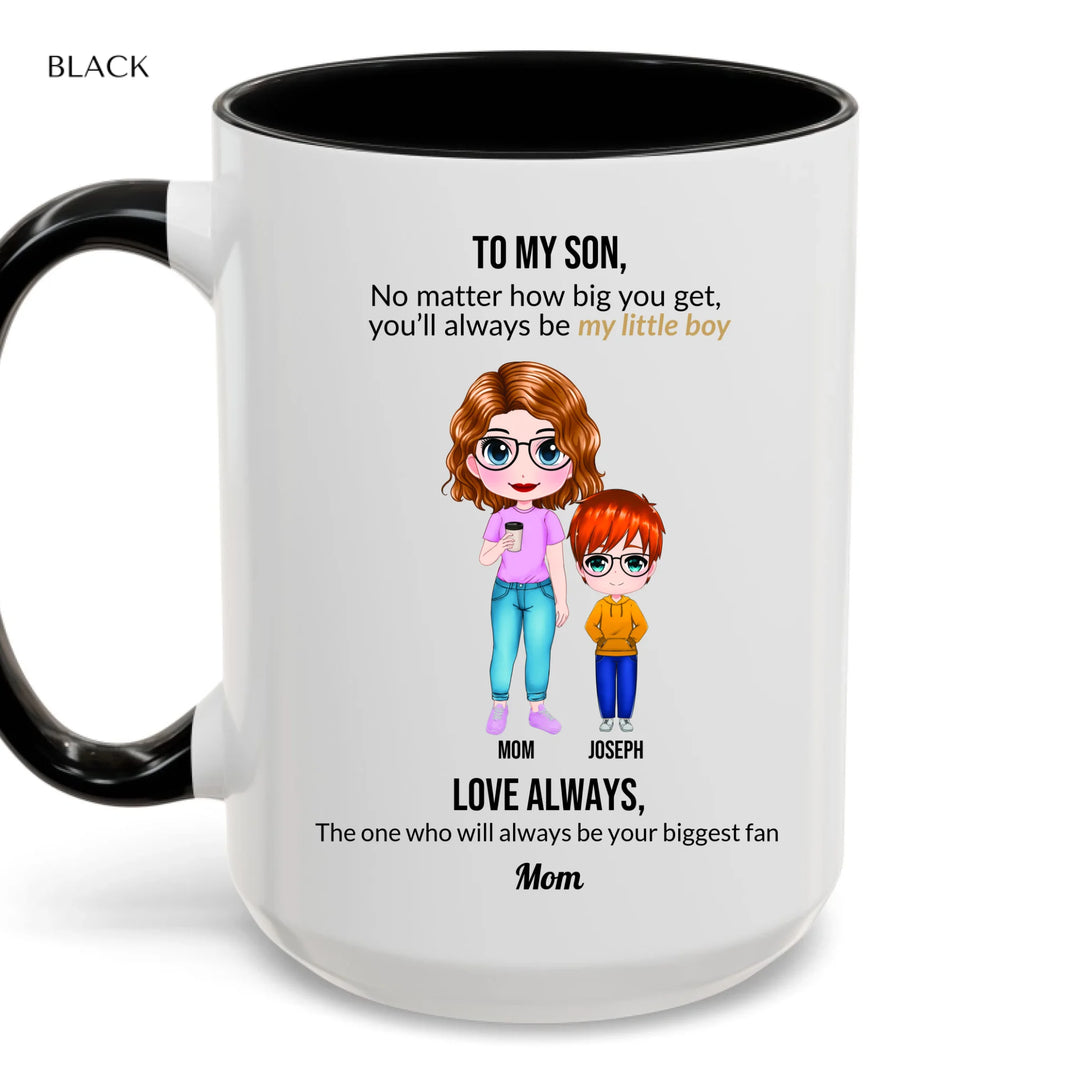 Custom Mom and Son Mug with Personalized Portraits, Names, and Message – Heartfelt Gift for Mother or Son -accent coffee mug with black handle-ARTFULANE