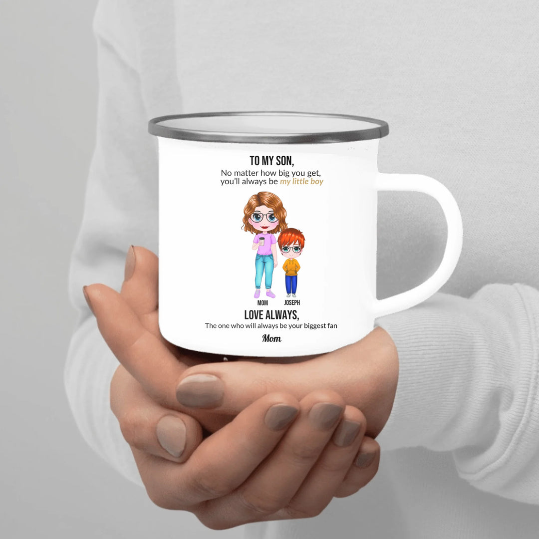 Custom Mom and Son Mug with Personalized Portraits, Names, and Message – Heartfelt Gift for Mother or Son -enamel camping mug in hand-ARTFULANE