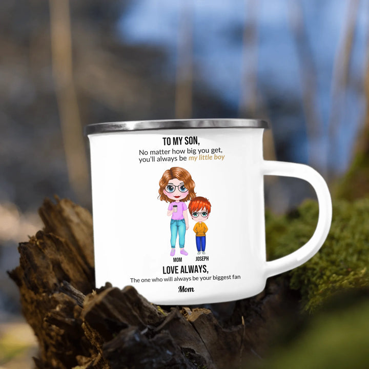 Custom Mom and Son Mug with Personalized Portraits, Names, and Message – Heartfelt Gift for Mother or Son -enamel camping mug outdoors-ARTFULANE