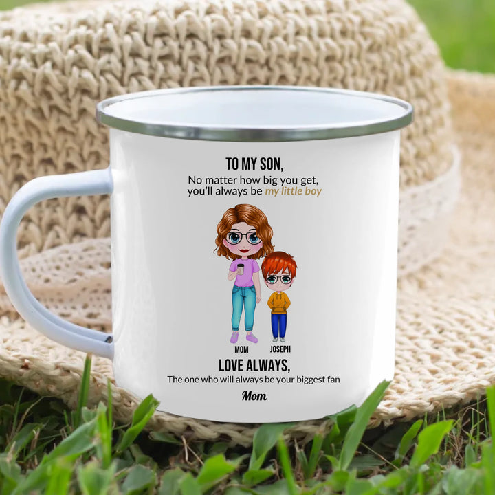 Custom Mom and Son Mug with Personalized Portraits, Names, and Message – Heartfelt Gift for Mother or Son -enamel camping mug lifestyle-ARTFULANE