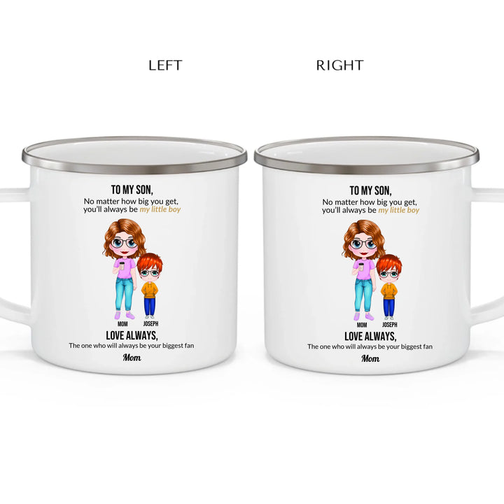 Custom Mom and Son Mug with Personalized Portraits, Names, and Message – Heartfelt Gift for Mother or Son -enamel camping mug 2 views-ARTFULANE