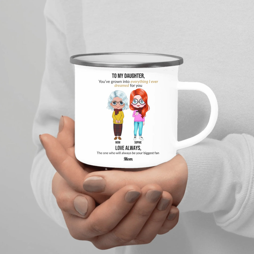 Custom mom and daughter mug with personalized portraits, names, and heartfelt message — unique gift for mom or daughter -enamel camping mug in hand-ARTFULANE