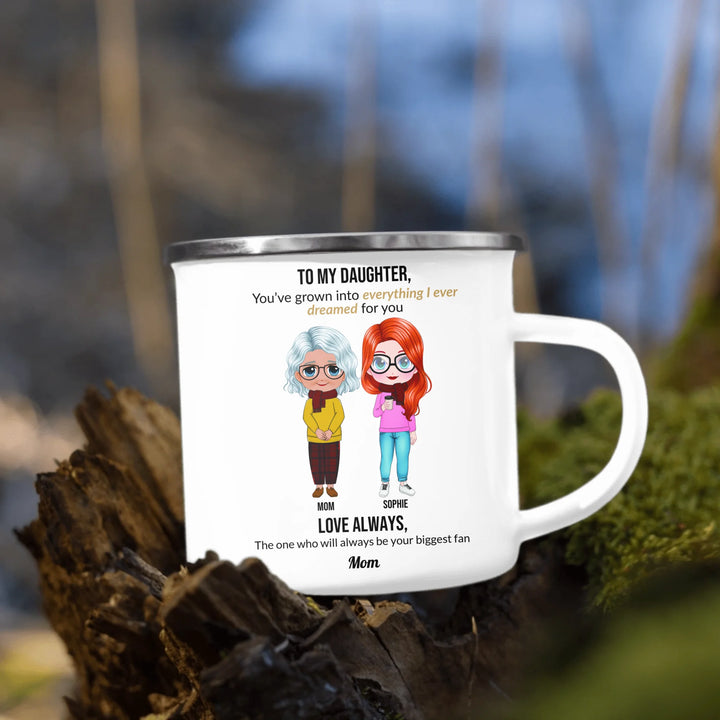 Custom mom and daughter mug with personalized portraits, names, and heartfelt message — unique gift for mom or daughter -enamel camping mug outdoors-ARTFULANE