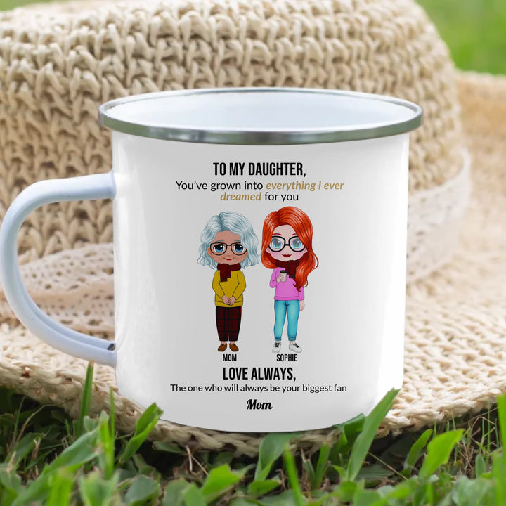 Custom mom and daughter mug with personalized portraits, names, and heartfelt message — unique gift for mom or daughter -enamel camping mug lifestyle-ARTFULANE