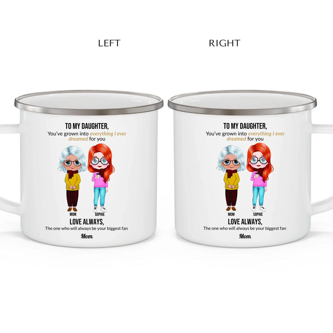 Custom mom and daughter mug with personalized portraits, names, and heartfelt message — unique gift for mom or daughter -enamel camping mug 2 views-ARTFULANE