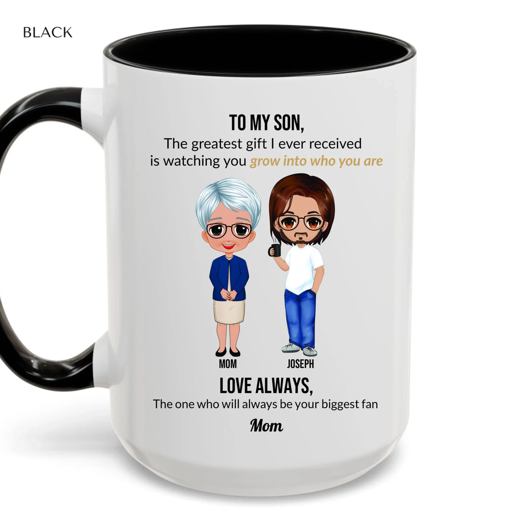 Custom Mom and Son Mug with Personalized Portraits, Names, and Message – Heartfelt Gift for Mother or Son -accent coffee mug with black handle-ARTFULANE
