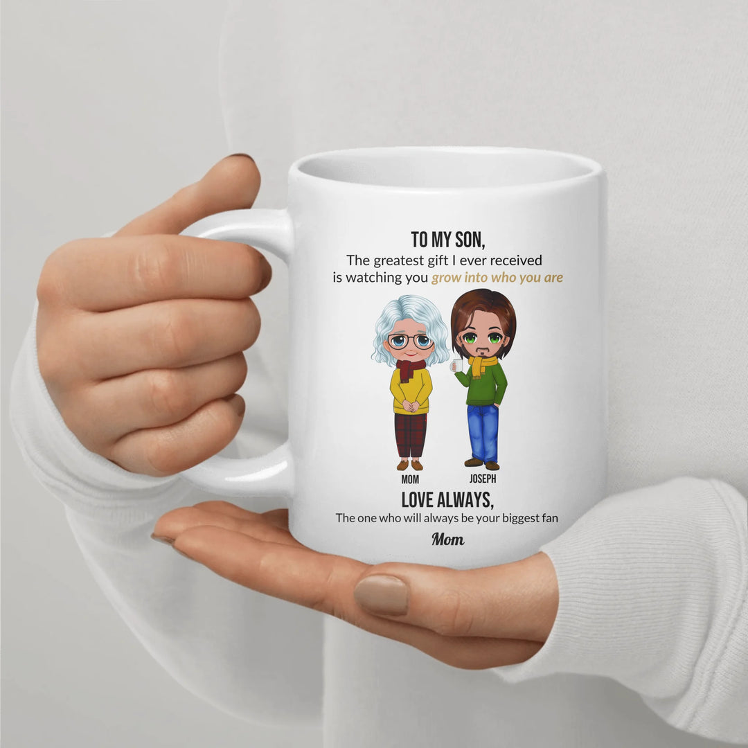 Custom Mom and Son Mug with Personalized Portraits, Names, and Message – Heartfelt Gift for Mother or Son -ARTFULANE