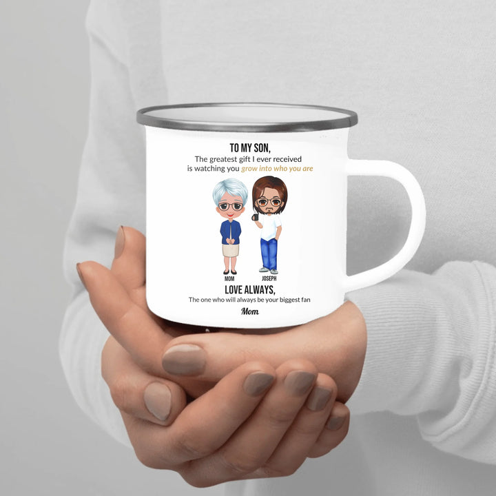 Custom Mom and Son Mug with Personalized Portraits, Names, and Message – Heartfelt Gift for Mother or Son -enamel camping mug in hand-ARTFULANE
