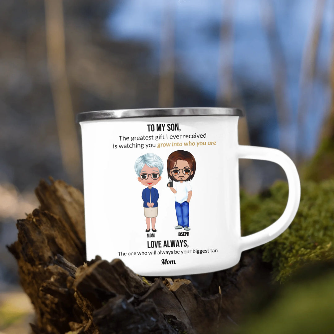 Custom Mom and Son Mug with Personalized Portraits, Names, and Message – Heartfelt Gift for Mother or Son -enamel camping mug outdoors-ARTFULANE