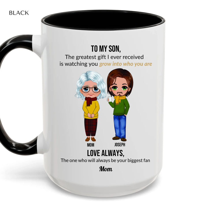 Custom Mom and Son Mug with Personalized Portraits, Names, and Message – Heartfelt Gift for Mother or Son -accent coffee mug with black handle-ARTFULANE