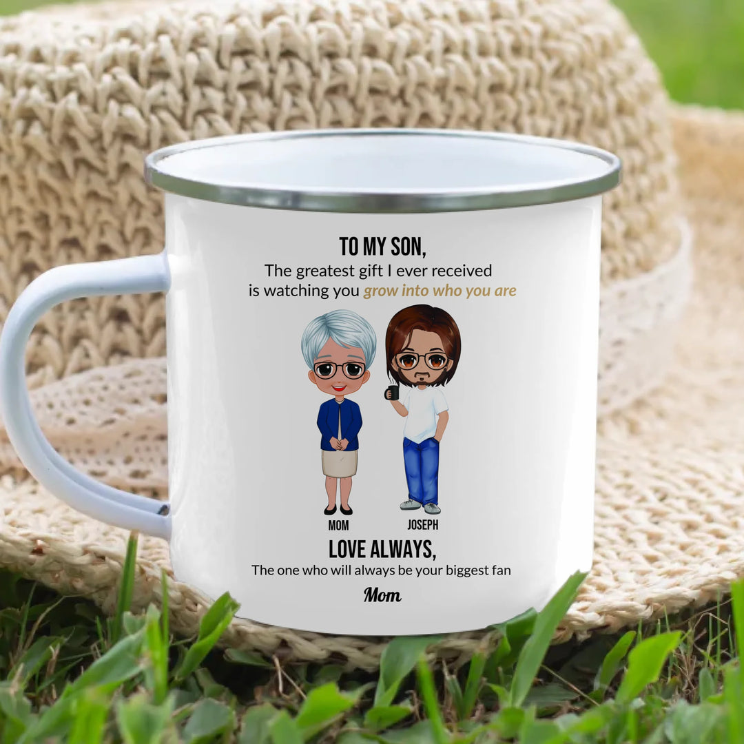 Custom Mom and Son Mug with Personalized Portraits, Names, and Message – Heartfelt Gift for Mother or Son -enamel camping mug lifestyle-ARTFULANE