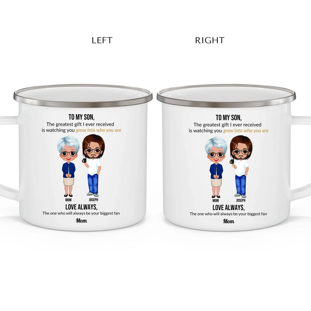 Custom Mom and Son Mug with Personalized Portraits, Names, and Message – Heartfelt Gift for Mother or Son -enamel camping mug 2 views-ARTFULANE