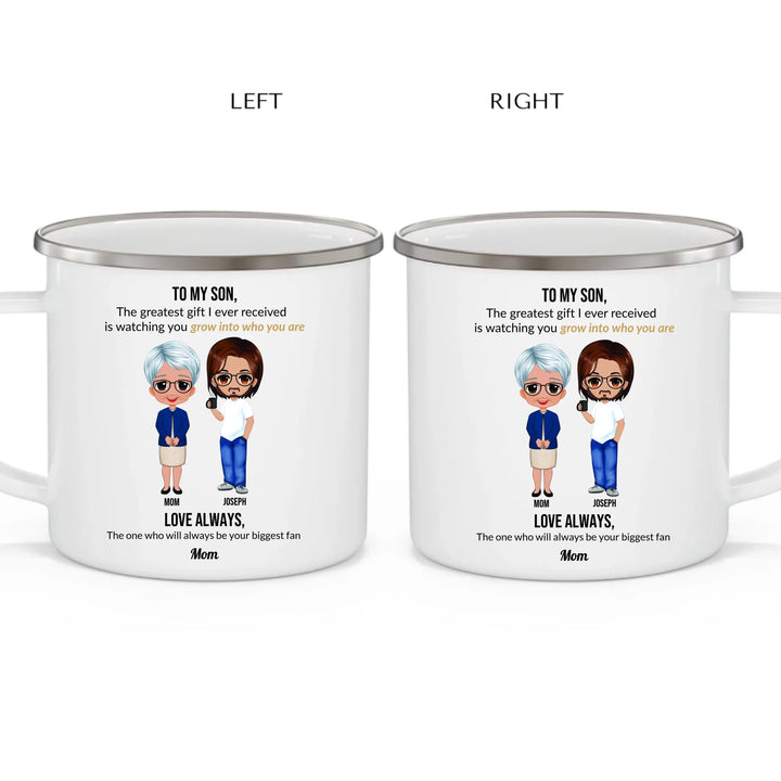 Custom Mom and Son Mug with Personalized Portraits, Names, and Message – Heartfelt Gift for Mother or Son -enamel camping mug 2 views-ARTFULANE