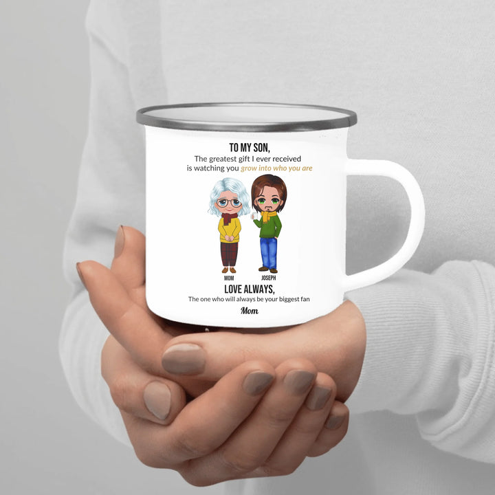 Custom Mom and Son Mug with Personalized Portraits, Names, and Message – Heartfelt Gift for Mother or Son -enamel camping mug in hand-ARTFULANE