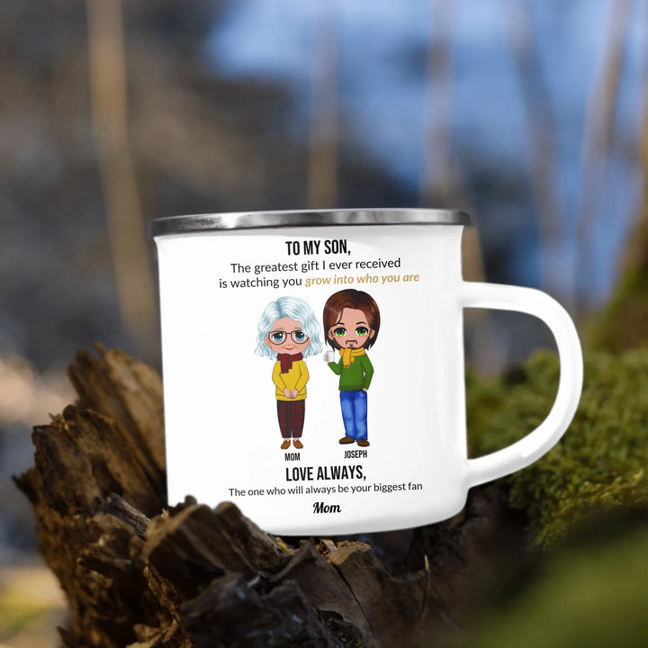 Custom Mom and Son Mug with Personalized Portraits, Names, and Message – Heartfelt Gift for Mother or Son -enamel camping mug outdoors-ARTFULANE