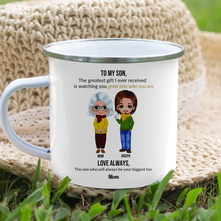 Custom Mom and Son Mug with Personalized Portraits, Names, and Message – Heartfelt Gift for Mother or Son -enamel camping mug lifestyle-ARTFULANE