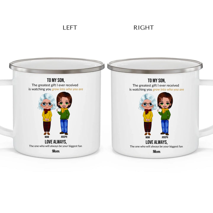 Custom Mom and Son Mug with Personalized Portraits, Names, and Message – Heartfelt Gift for Mother or Son -enamel camping mug 2 views-ARTFULANE