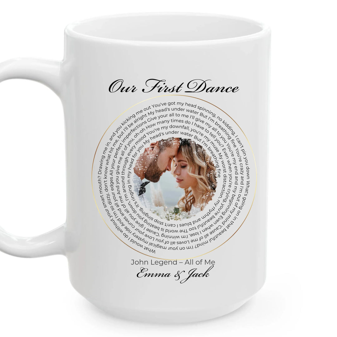 Custom song lyrics photo mug featuring circular text design and couple's picture – personalized gift for music lovers, couples, or anniversaries - ARTFULANE