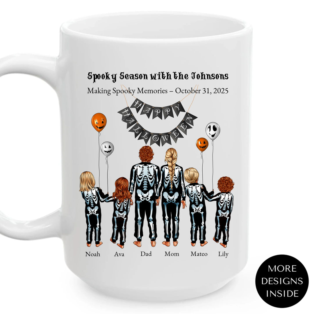 Custom Halloween mug with skeleton family portraits and names -ARTFULANE
