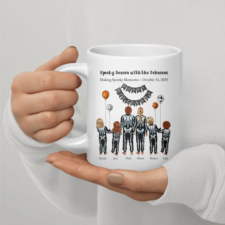 Custom Halloween mug with skeleton family portraits and names - ceramic mug in hand-ARTFULANE