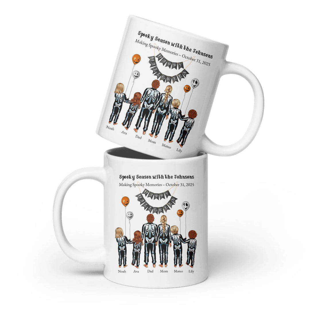 Custom Halloween mug with skeleton family portraits and names -ceramic mug both sides-ARTFULANE