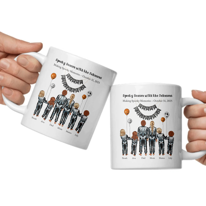 Custom Halloween mug with skeleton family portraits and names -ceramic mugs both sides in hands-ARTFULANE