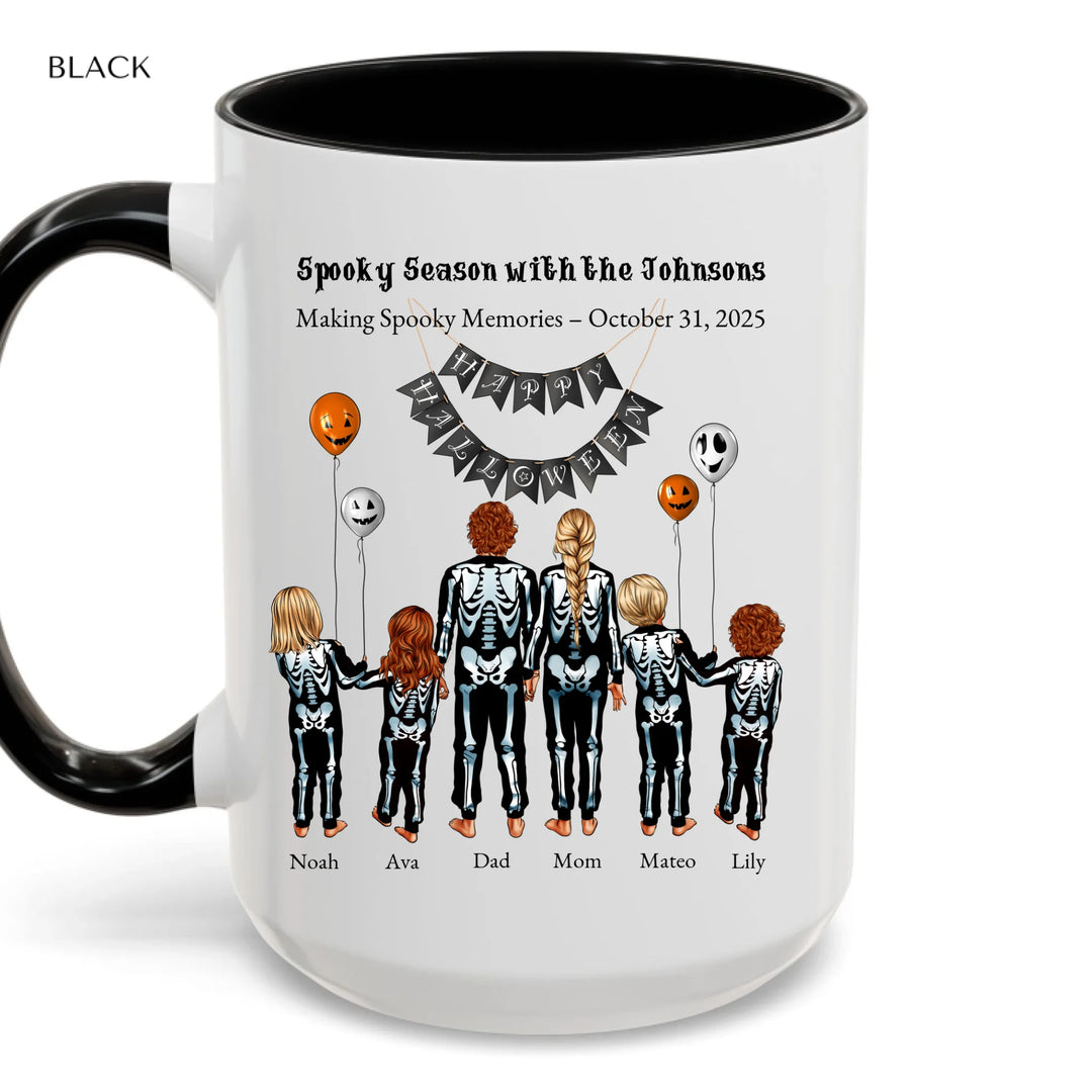 Custom Halloween mug with skeleton family portraits and names -accent coffee mug with black handle-ARTFULANE