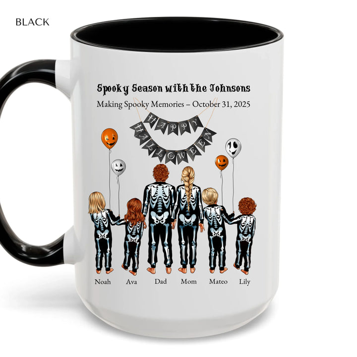 Custom Halloween mug with skeleton family portraits and names -accent coffee mug with black handle-ARTFULANE