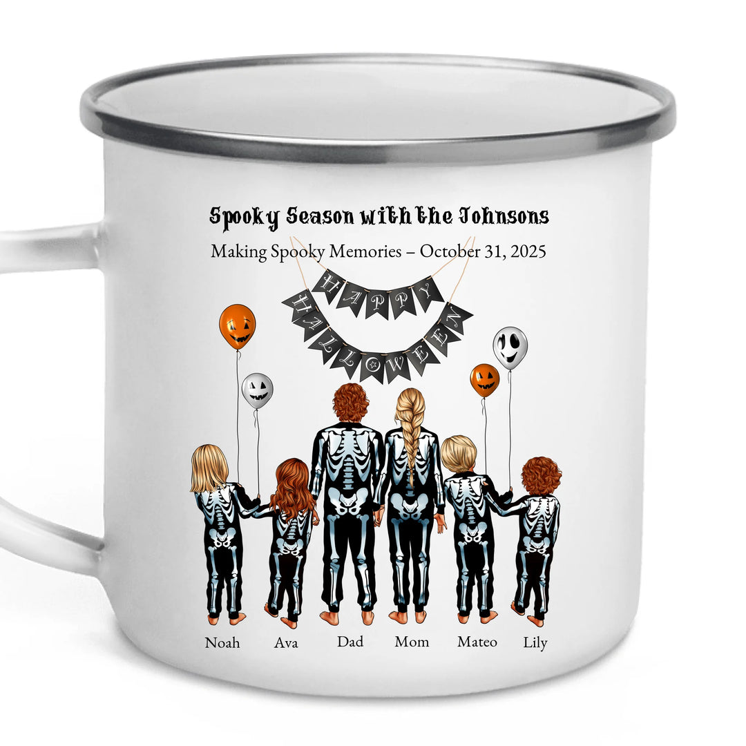 Custom Halloween mug with skeleton family portraits and names - enamel camping mug-ARTFULANE