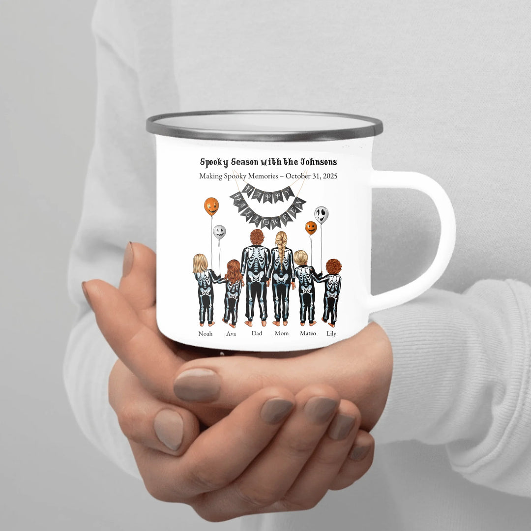 Custom Halloween mug with skeleton family portraits and names -enamel camping mug in hand-ARTFULANE