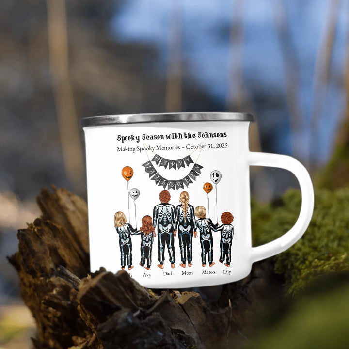 Custom Halloween mug with skeleton family portraits and names -enamel camping mug outdoors-ARTFULANE
