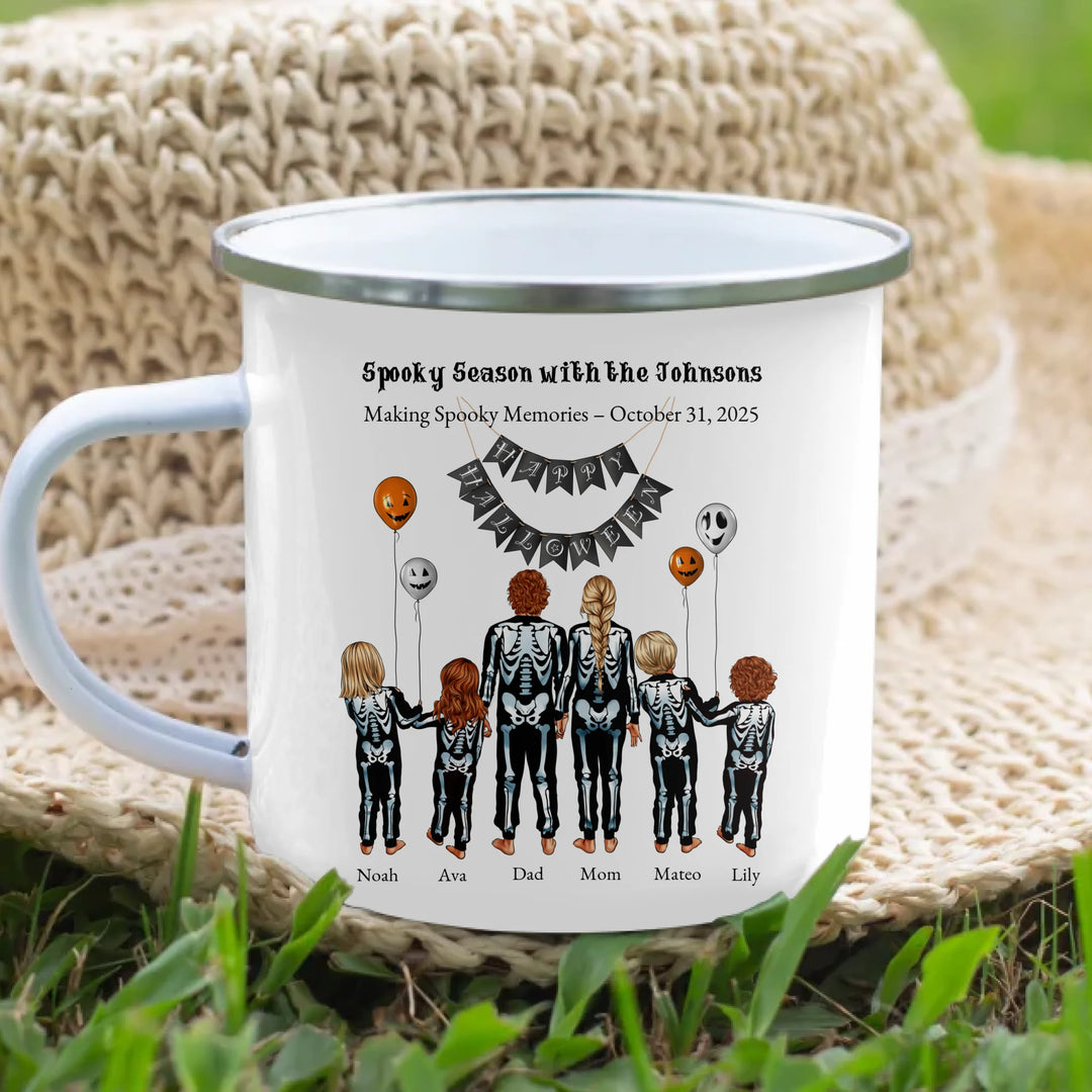 Custom Halloween mug with skeleton family portraits and names -enamel camping mug lifestyle-ARTFULANE