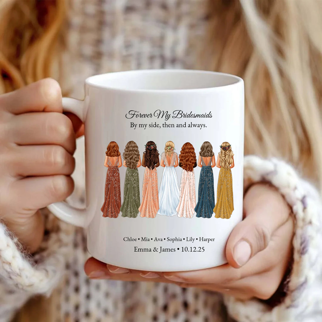 Custom bridesmaid portrait mug with names and dresses -ceramic mug in hands-ARTFULANE
