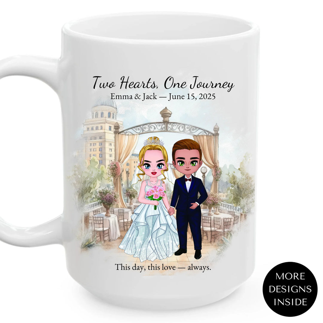 Personalized bride and groom wedding mug with custom cartoon portrait, names, date, and romantic quote – perfect gift - -ARTFULANE
