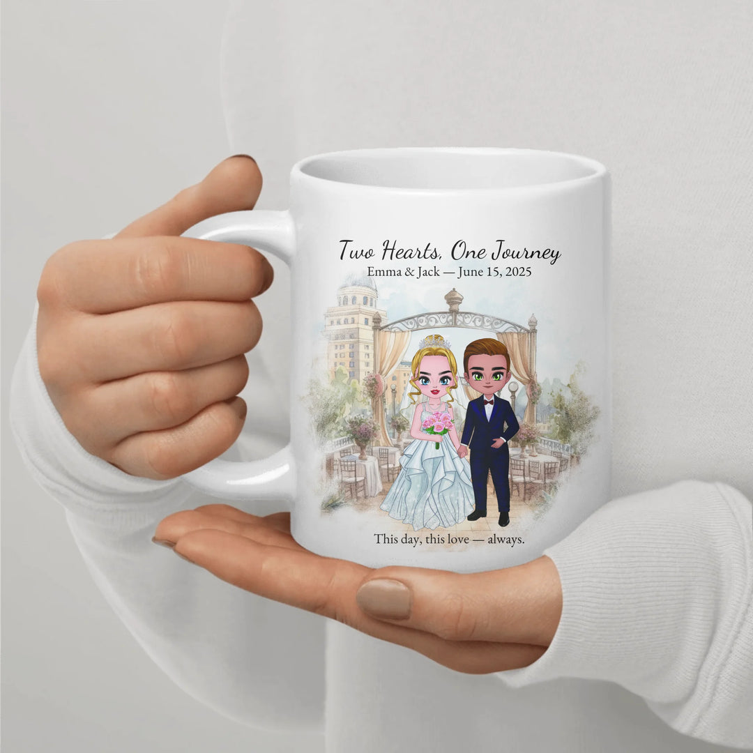 Personalized bride and groom wedding mug with custom cartoon portrait, names, date, and romantic quote – perfect gift - ceramic mug in hand-ARTFULANE
