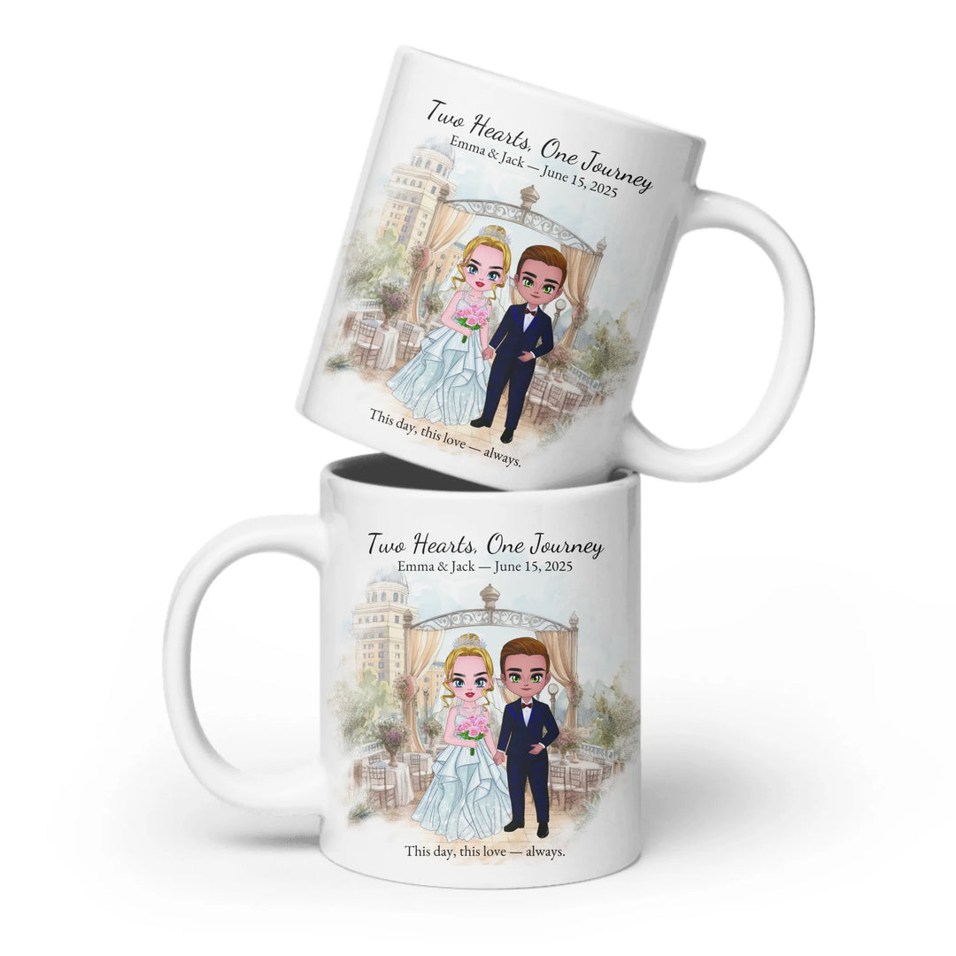 Personalized bride and groom wedding mug with custom cartoon portrait, names, date, and romantic quote – perfect gift - ceramic mug both sides-ARTFULANE