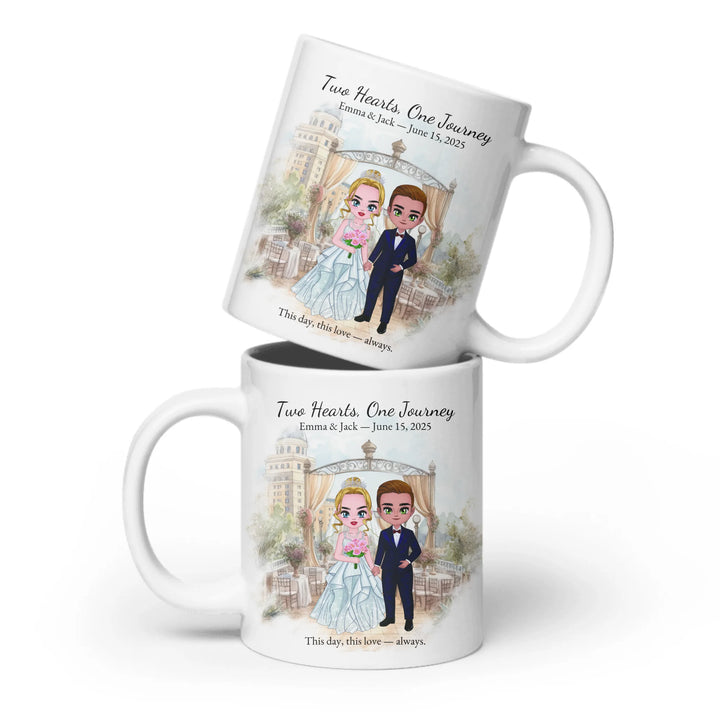 Personalized bride and groom wedding mug with custom cartoon portrait, names, date, and romantic quote – perfect gift - ceramic mug both sides-ARTFULANE